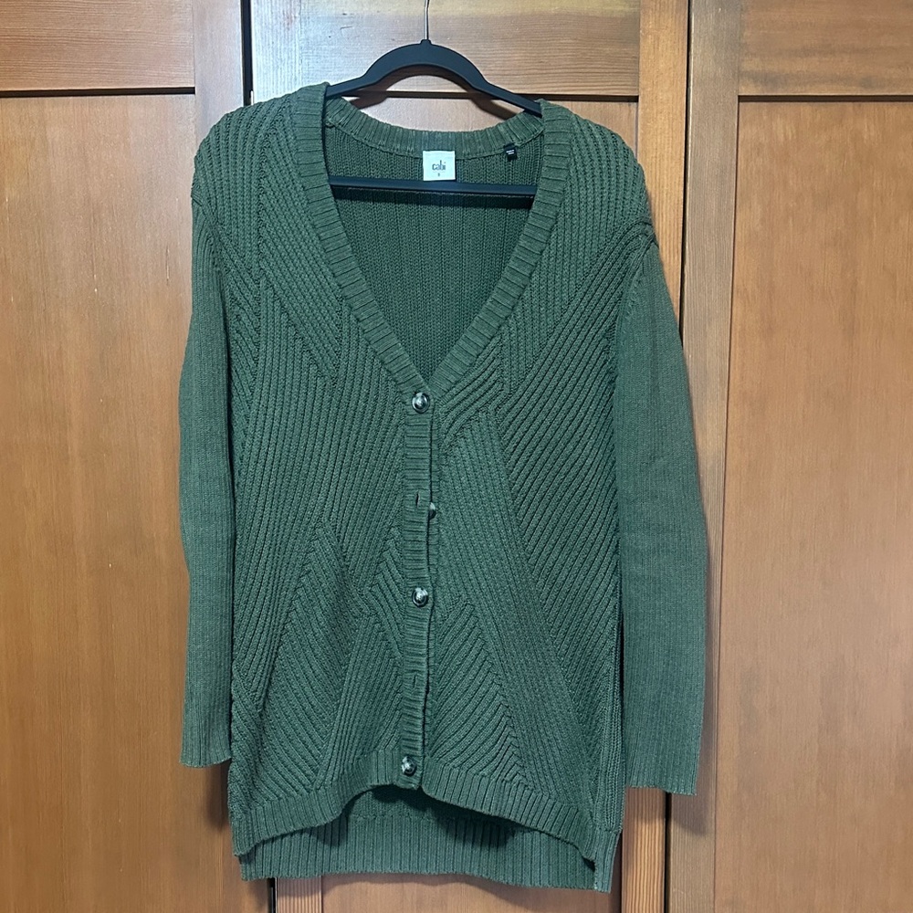 CAbi Olive Green Textured V-Neck Button Cardigan